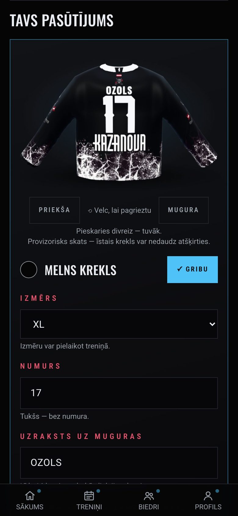 App screen in Latvian, demo data. Jersey order: colour, size, number and name on a 3D preview.