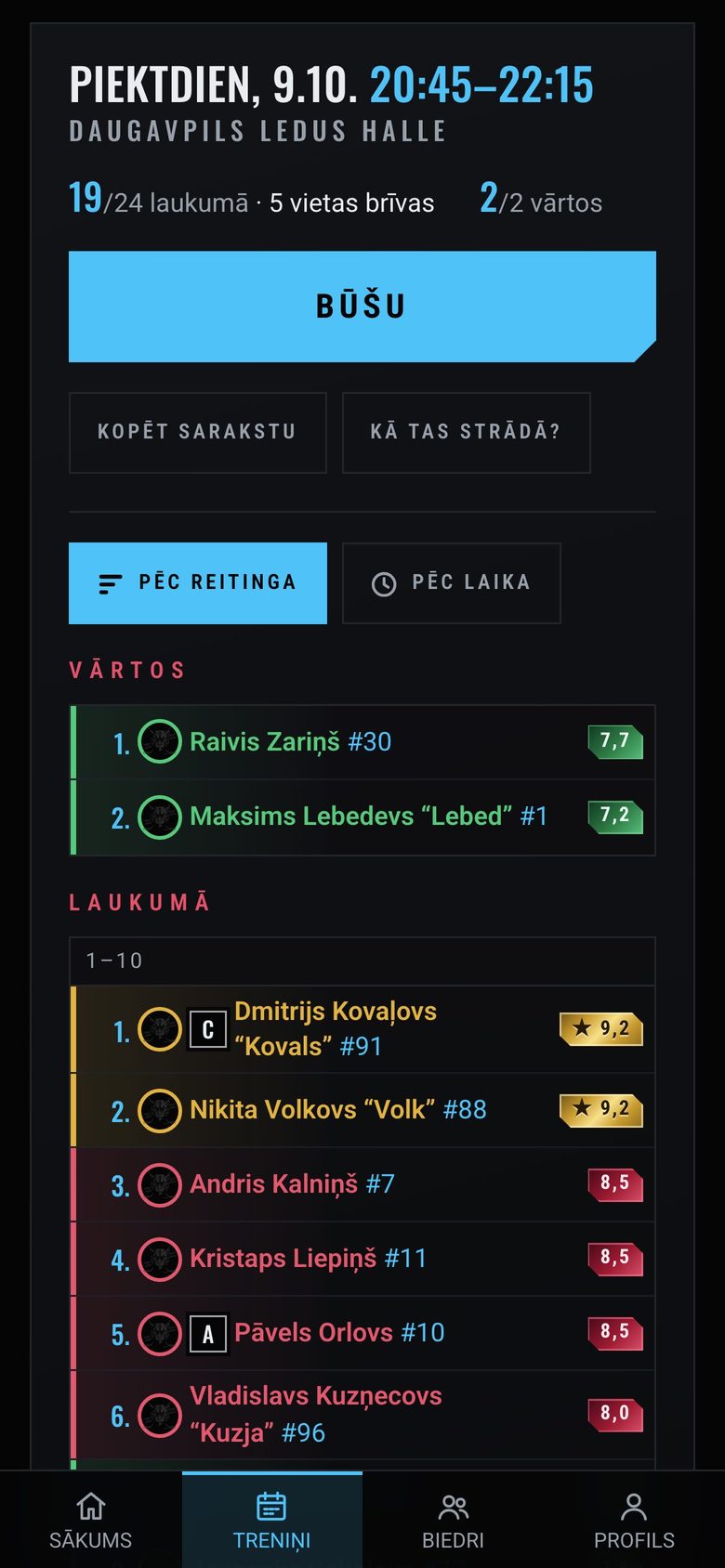 App screen in Latvian, demo data. Practice sign-up: one tap on “I’m in”, free spots counted live, priority waves for core players, guests and newcomers.